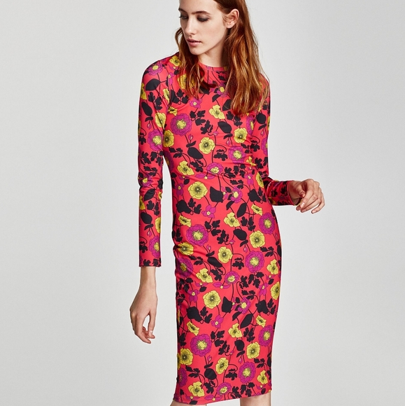 Zara Dresses Zara Floral Long Sleeve Bodycon Dress Red Yellow Poshmark